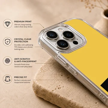 Minimalist yellow phone case featuring a black banner with white song lyric typography. — Info