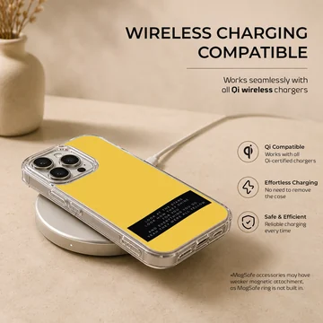 Minimalist yellow phone case featuring a black banner with white song lyric typography. — Charging