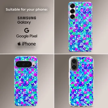 A close-up view of an abstract multicolored dot pattern phone case featuring vibrant blue, purple, and green spots. — Collage