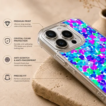 A close-up view of an abstract multicolored dot pattern phone case featuring vibrant blue, purple, and green spots. — Info