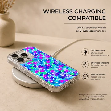 A close-up view of an abstract multicolored dot pattern phone case featuring vibrant blue, purple, and green spots. — Charging