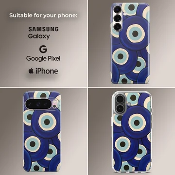 A protective snap phone case featuring an abstract pattern of layered blue evil eye symbols, phone case — Collage