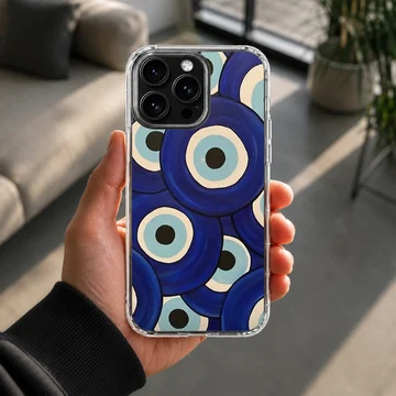 A protective snap phone case featuring an abstract pattern of layered blue evil eye symbols, phone case — Lifestyle