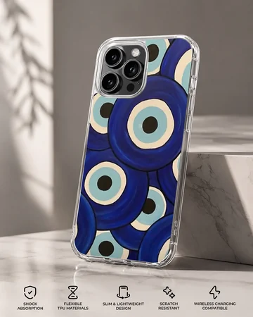 A protective snap phone case featuring an abstract pattern of layered blue evil eye symbols, phone case — Specs
