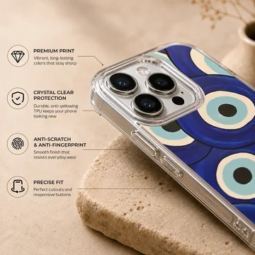 A protective snap phone case featuring an abstract pattern of layered blue evil eye symbols, phone case — Info