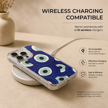 A protective snap phone case featuring an abstract pattern of layered blue evil eye symbols, phone case — Charging