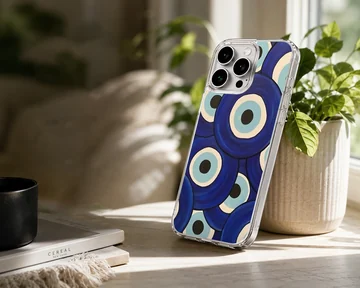 A protective snap phone case featuring an abstract pattern of layered blue evil eye symbols, phone case — Lifestyle