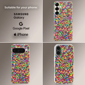 Vibrant multicolored pixel mosaic abstract art pattern printed on a slim matte phone case — Collage