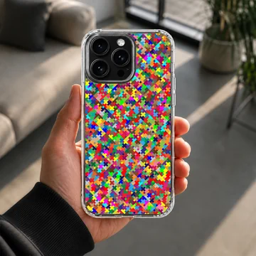Vibrant multicolored pixel mosaic abstract art pattern printed on a slim matte phone case — Lifestyle