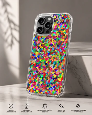 Vibrant multicolored pixel mosaic abstract art pattern printed on a slim matte phone case — Specs