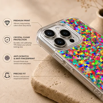 Vibrant multicolored pixel mosaic abstract art pattern printed on a slim matte phone case — Info