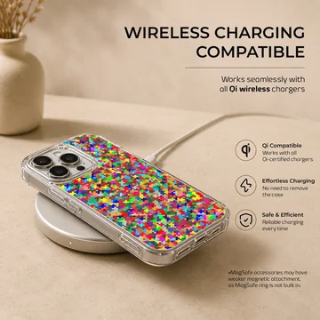 Vibrant multicolored pixel mosaic abstract art pattern printed on a slim matte phone case — Charging