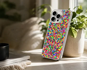 Vibrant multicolored pixel mosaic abstract art pattern printed on a slim matte phone case — Lifestyle
