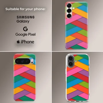 Colorful geometric pattern phone case with layered diagonal stripes in bright hues — Collage