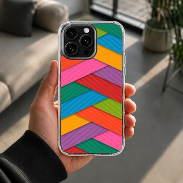 Colorful geometric pattern phone case with layered diagonal stripes in bright hues — Lifestyle