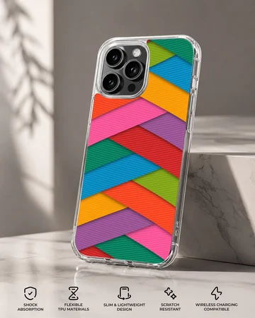 Colorful geometric pattern phone case with layered diagonal stripes in bright hues — Specs