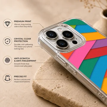 Colorful geometric pattern phone case with layered diagonal stripes in bright hues — Info