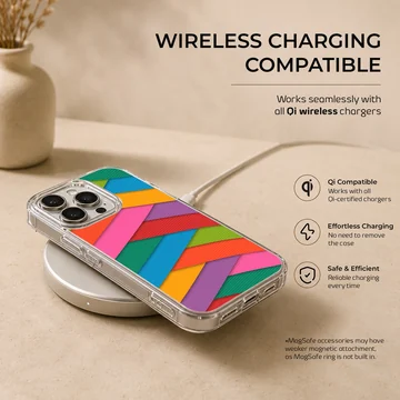 Colorful geometric pattern phone case with layered diagonal stripes in bright hues — Charging