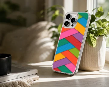 Colorful geometric pattern phone case with layered diagonal stripes in bright hues — Lifestyle