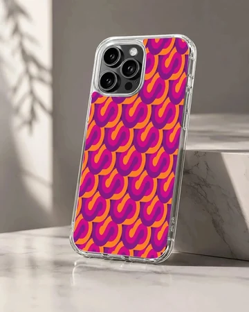 Vibrant repeating abstract S-curve pattern in purple and orange on a slim phone case