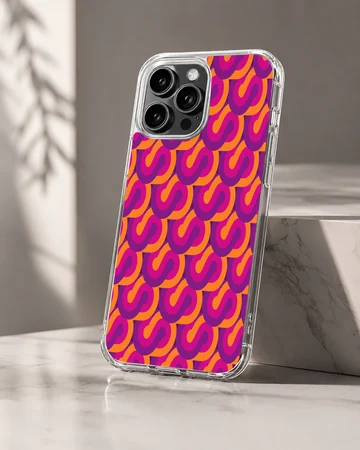 Vibrant repeating abstract S-curve pattern in purple and orange on a slim phone case — Hero