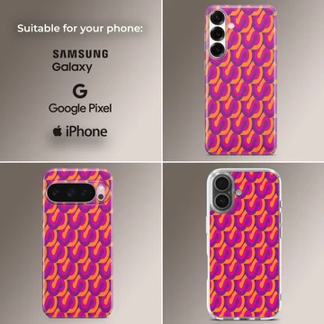 Vibrant repeating abstract S-curve pattern in purple and orange on a slim phone case — Collage