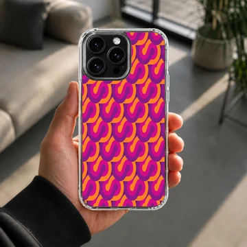 Vibrant repeating abstract S-curve pattern in purple and orange on a slim phone case — Lifestyle