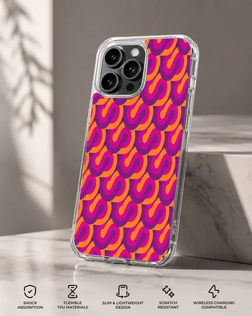 Vibrant repeating abstract S-curve pattern in purple and orange on a slim phone case — Specs