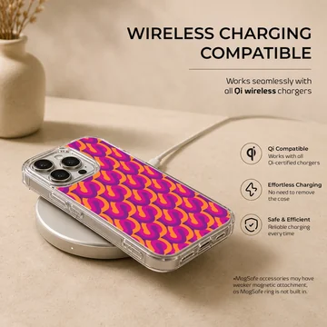Vibrant repeating abstract S-curve pattern in purple and orange on a slim phone case — Charging