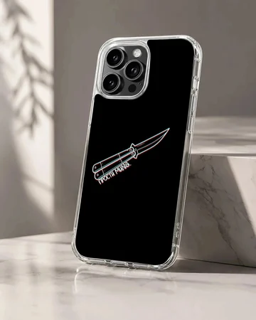 Counter-Strike butterfly knife graphic with chromatic glitch lines on a black phone case