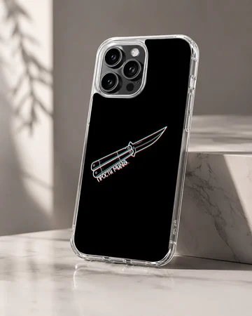 Counter-Strike butterfly knife graphic with chromatic glitch lines on a black phone case — Hero