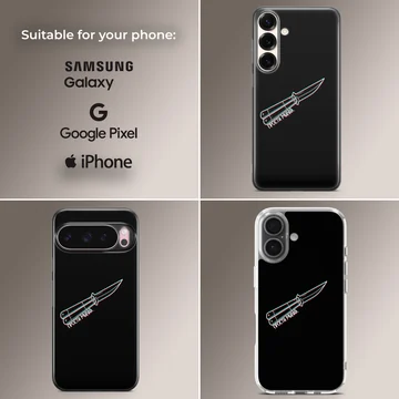 Counter-Strike butterfly knife graphic with chromatic glitch lines on a black phone case — Collage