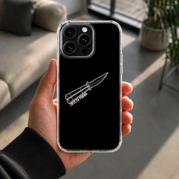 Counter-Strike butterfly knife graphic with chromatic glitch lines on a black phone case — Lifestyle