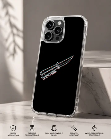 Counter-Strike butterfly knife graphic with chromatic glitch lines on a black phone case — Specs
