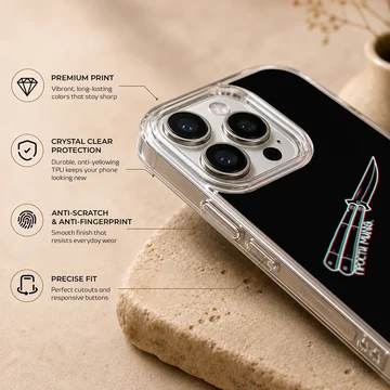 Counter-Strike butterfly knife graphic with chromatic glitch lines on a black phone case — Info