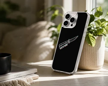 Counter-Strike butterfly knife graphic with chromatic glitch lines on a black phone case — Lifestyle