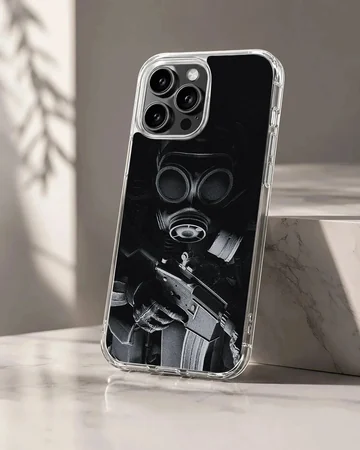 Dark tactical gas mask and rifle illustration on a matte phone case