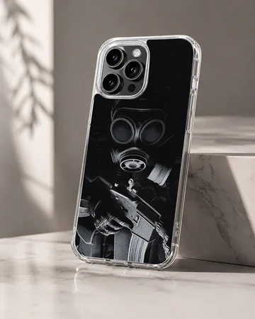 Dark tactical gas mask and rifle illustration on a matte phone case — Hero