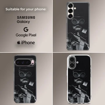 Dark tactical gas mask and rifle illustration on a matte phone case — Collage