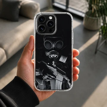 Dark tactical gas mask and rifle illustration on a matte phone case — Lifestyle