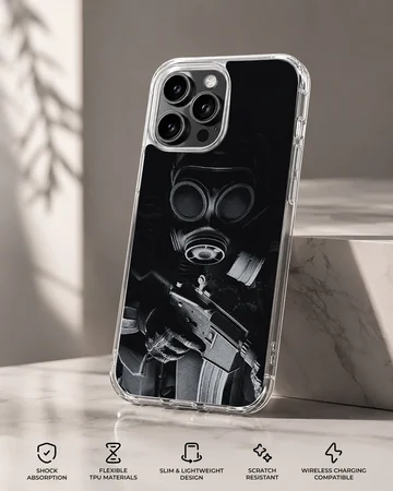 Dark tactical gas mask and rifle illustration on a matte phone case — Specs