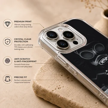 Dark tactical gas mask and rifle illustration on a matte phone case — Info