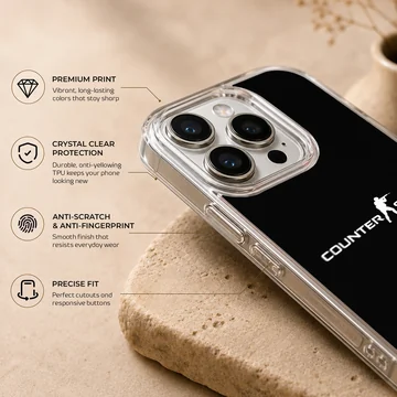 A tactical gaming logo centered on a black phone case — Info