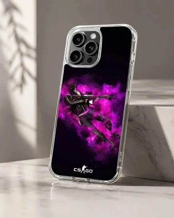 Counter-Strike tactical operator graphic emerging from brilliant purple smoke on a matte phone case