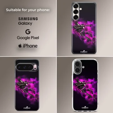 Counter-Strike tactical operator graphic emerging from brilliant purple smoke on a matte phone case — Collage