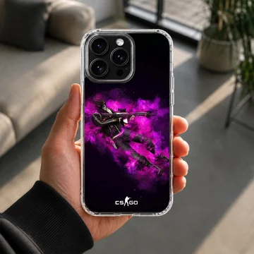 Counter-Strike tactical operator graphic emerging from brilliant purple smoke on a matte phone case — Lifestyle