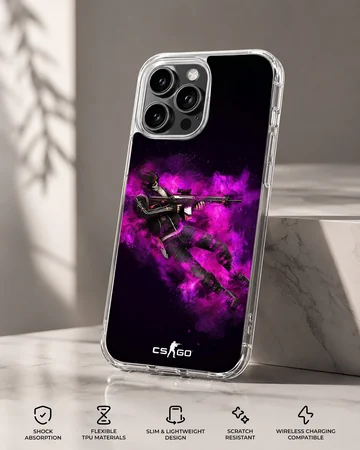 Counter-Strike tactical operator graphic emerging from brilliant purple smoke on a matte phone case — Specs