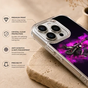Counter-Strike tactical operator graphic emerging from brilliant purple smoke on a matte phone case — Info