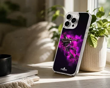Counter-Strike tactical operator graphic emerging from brilliant purple smoke on a matte phone case — Lifestyle