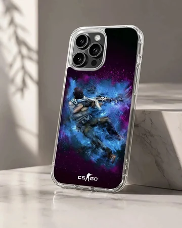 A tactical gaming character emerges from a burst of vibrant blue and purple energy on a matte phone case.